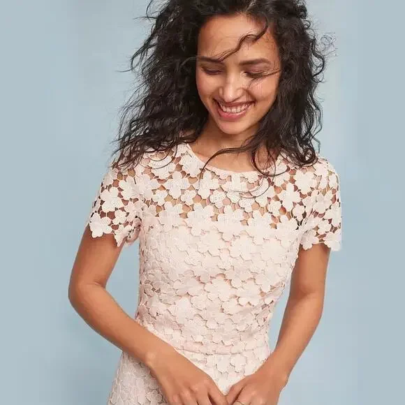 Shoshanna Marcella Lace Dress Blush Pink Anthropologie Floral Midi Size 4 - Picture 7 of 16